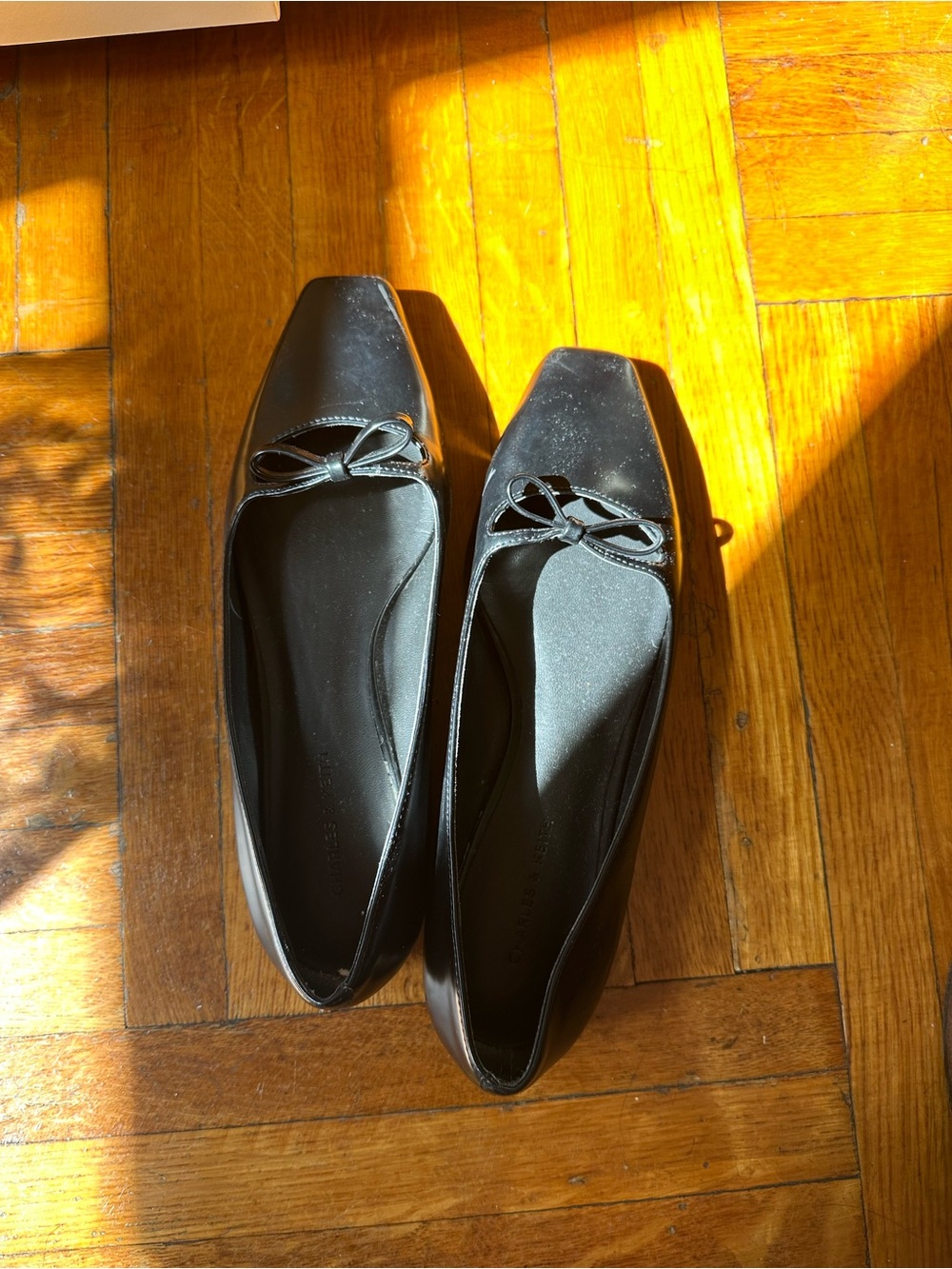Charles & Keith Black Square-Toe Ballet Flats with Bow Accent